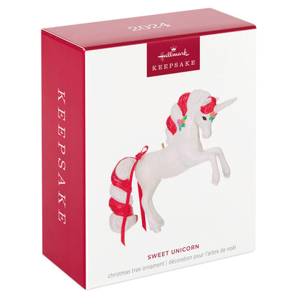 Sweet Unicorn — Hallmark Keepsake Christmas Ornament in gift packaging, featuring candy cane-striped mane and tail.