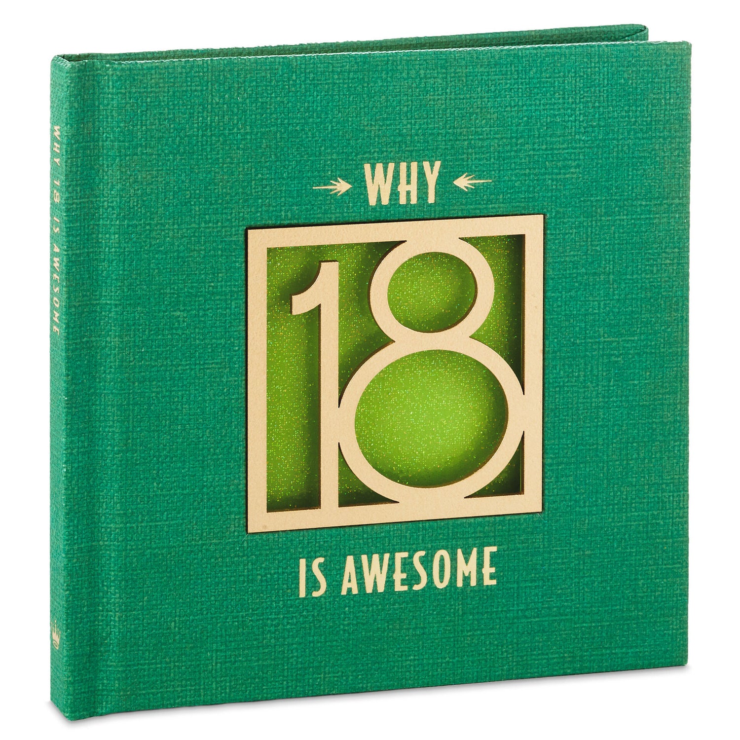 Why 18 Is Awesome Book, hardcover with textured green cover and gold lettering, angled view showcasing the title design.