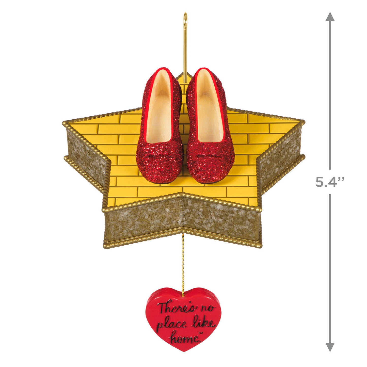 The Wizard of Oz™ There's No Place Like Home™ — Hallmark Keepsake Christmas Ornament featuring sparkly red Ruby Slippers on a star platform with heart charm.