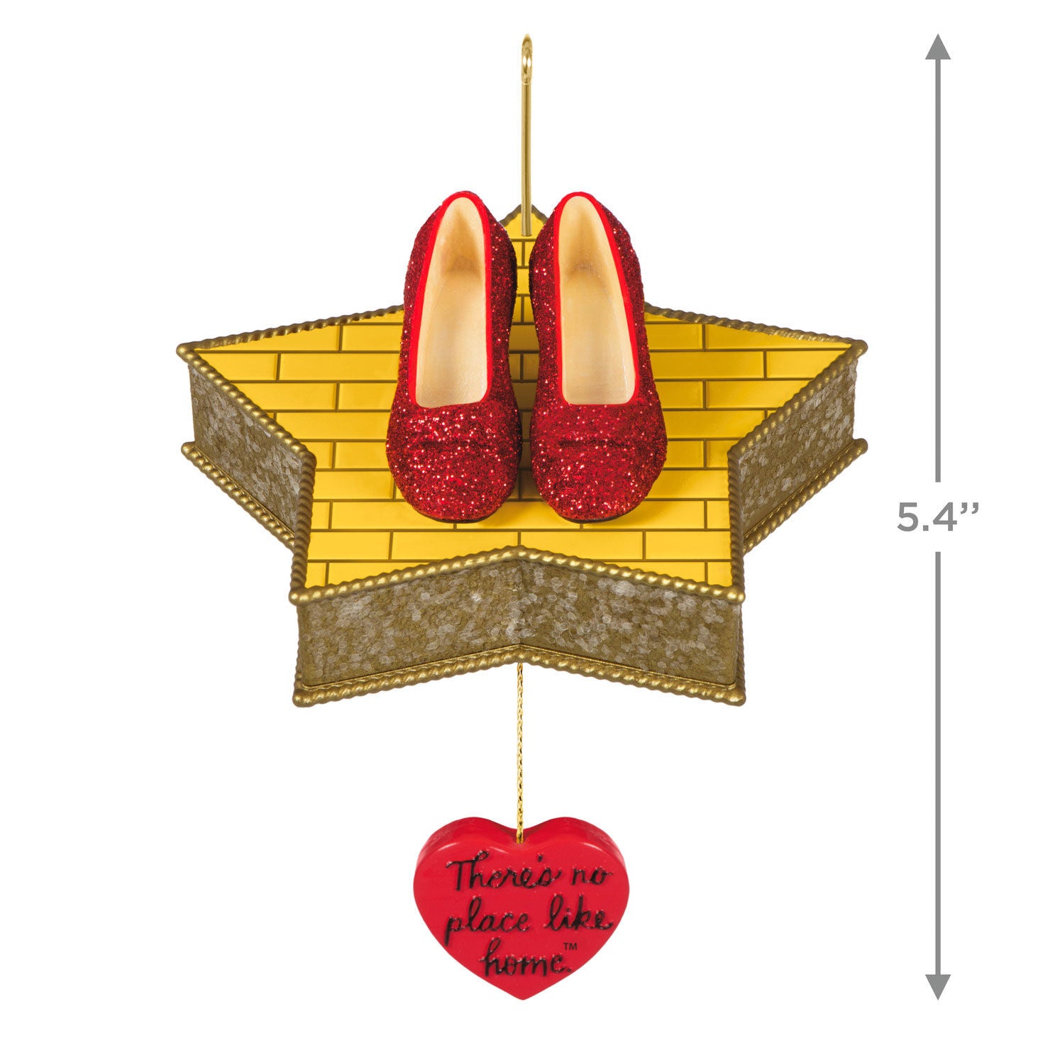 The Wizard of Oz™ There's No Place Like Home™ — Hallmark Keepsake Christmas Ornament featuring sparkly red Ruby Slippers on a star platform with heart charm.