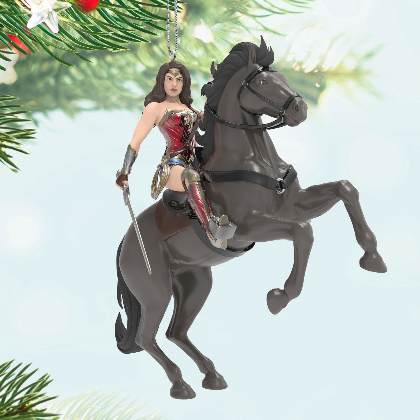 DC™ Wonder Woman™ — Hallmark Keepsake Christmas Ornament featuring a detailed figurine of Wonder Woman on a rearing black horse.