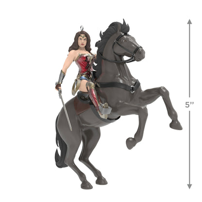 DC™ Wonder Woman™ — Hallmark Keepsake Christmas Ornament featuring a detailed figure of Wonder Woman riding a rearing black horse.