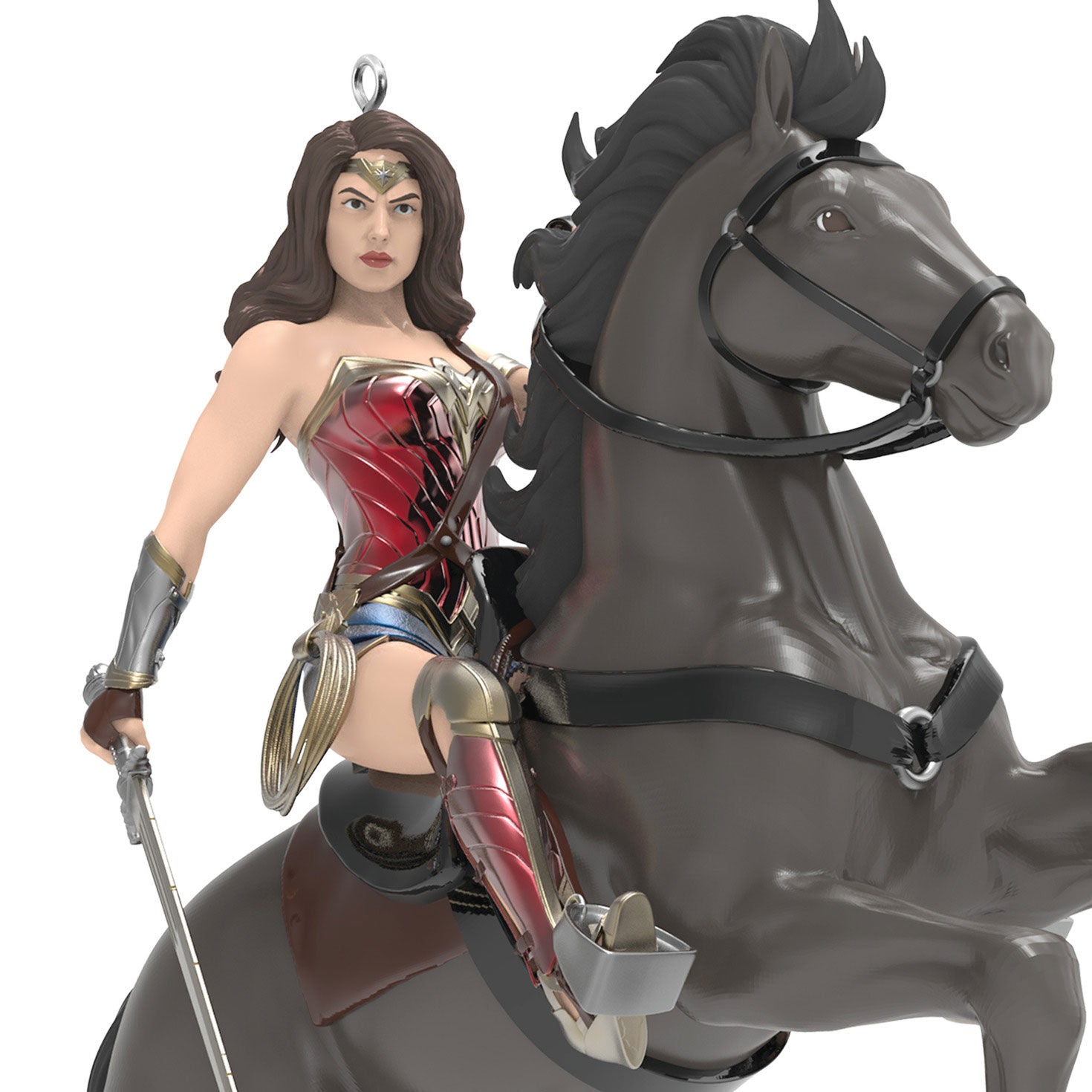 DC™ Wonder Woman™ — Hallmark Keepsake Christmas Ornament in action pose on a powerful black horse, detailed design.
