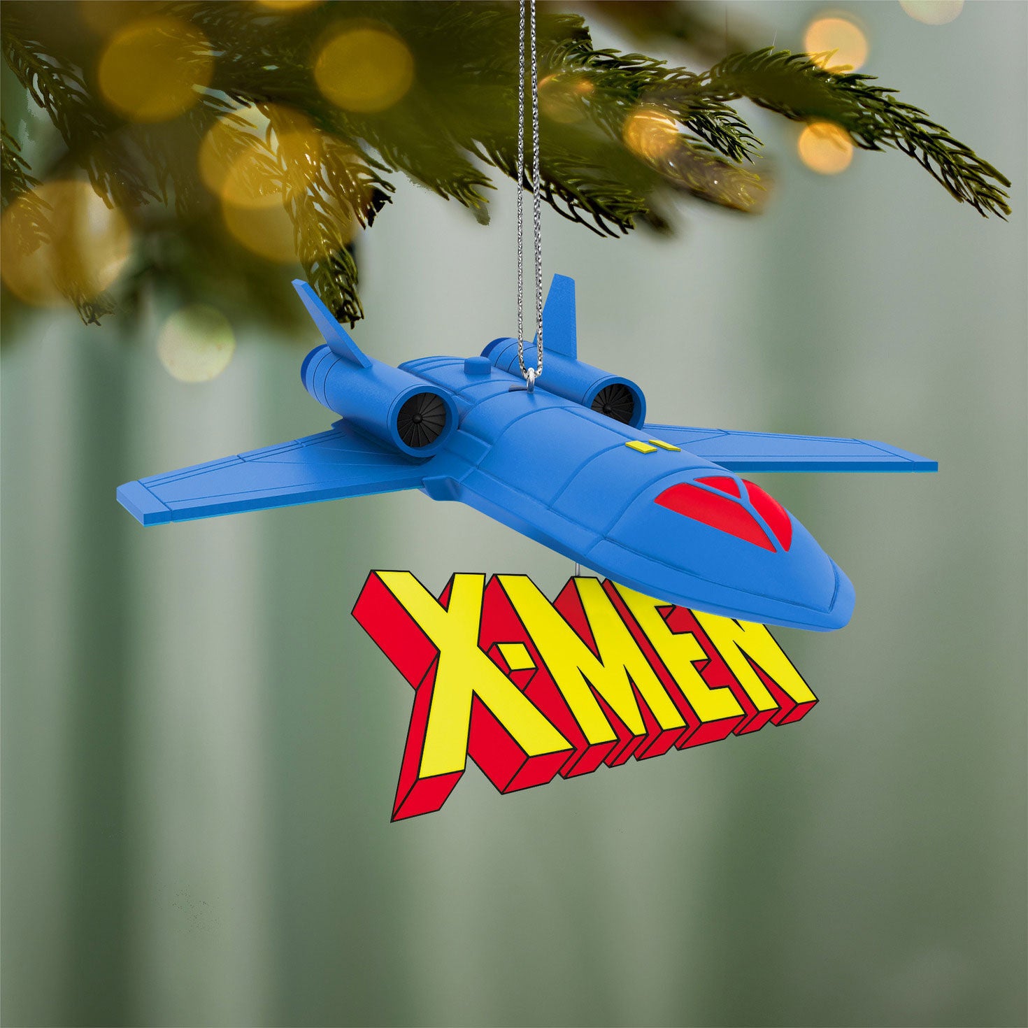 Marvel Studios X-Men ’97 The Blackbird With Sound — 2026 Hallmark Keepsake Christmas Ornament featuring a bright blue Blackbird jet with X-Men logo.