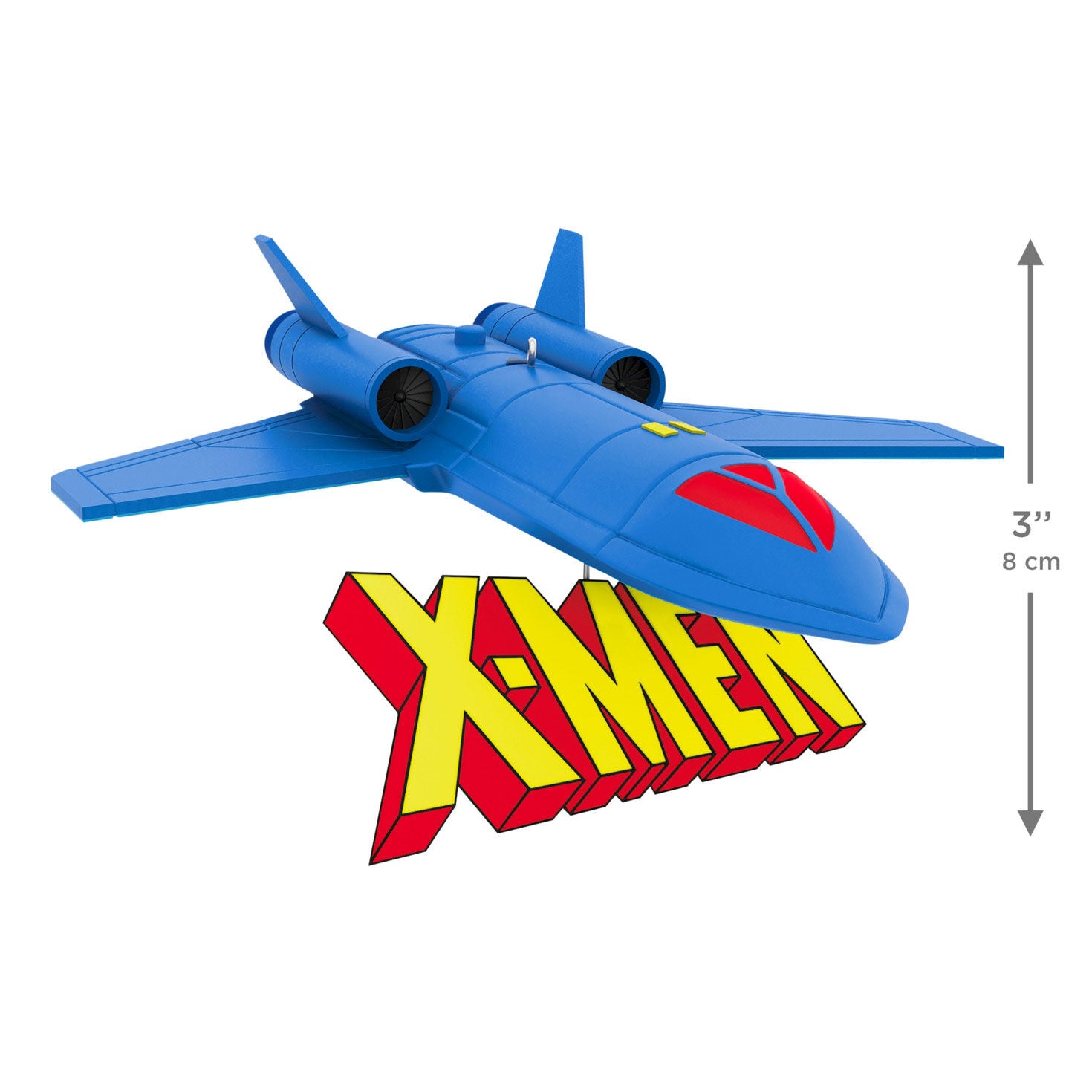 Marvel Studios X-Men ’97 The Blackbird With Sound — 2026 Hallmark Keepsake Christmas Ornament, angled view with X-Men logo, 8 cm