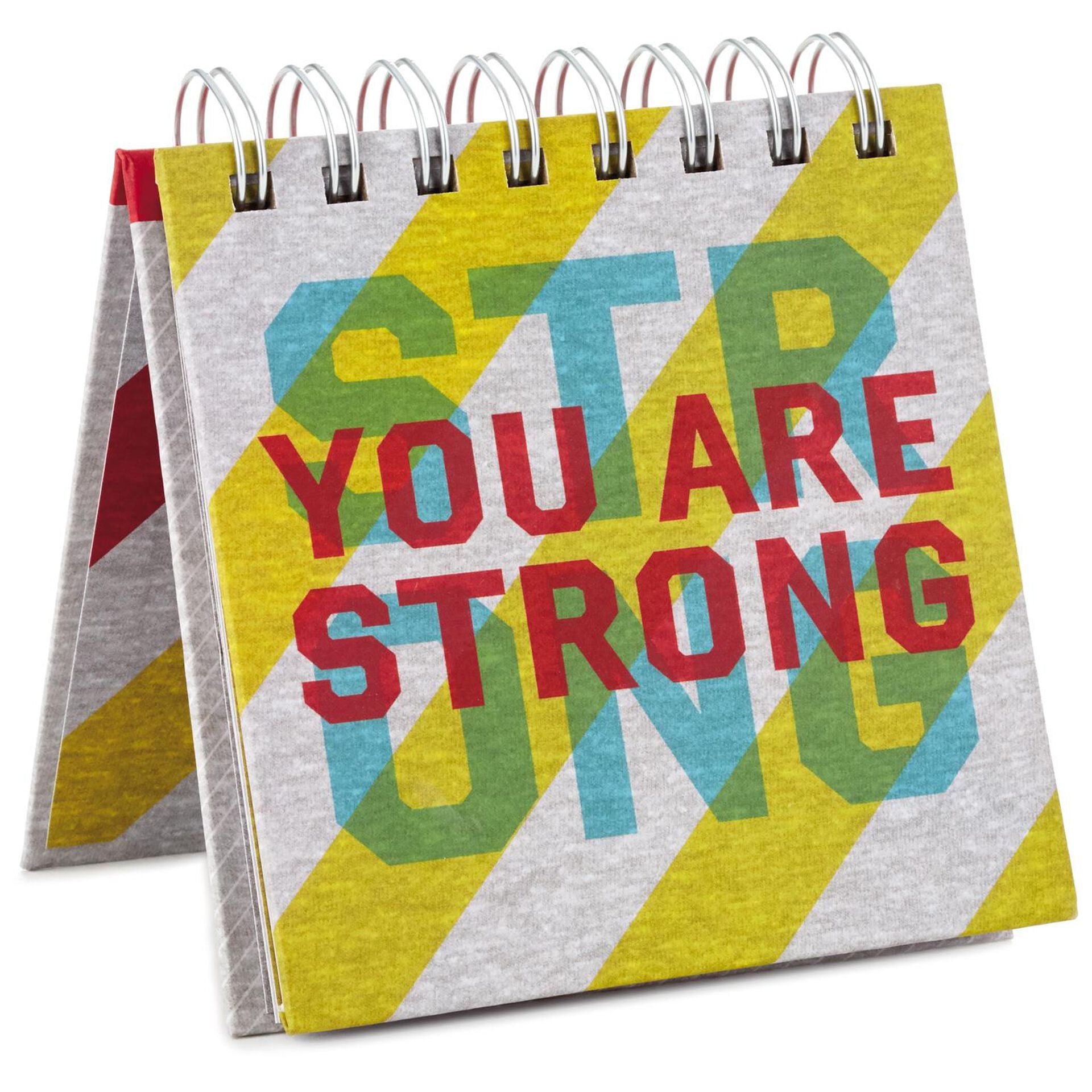 You Are Strong Book, hardcover flip book, colourful design, displaying motivational mantras on a stylish angle.