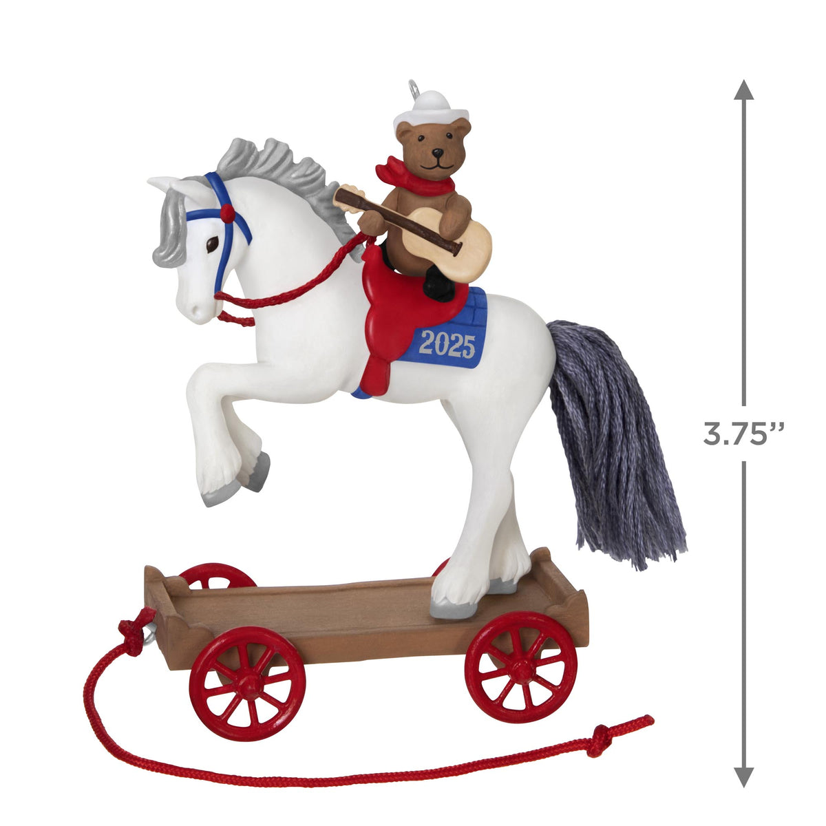 A Pony for Christmas, 28th in the Series — 2025 Hallmark Keepsake Christmas Ornament featuring a teddy bear on a white horse with a wooden base.