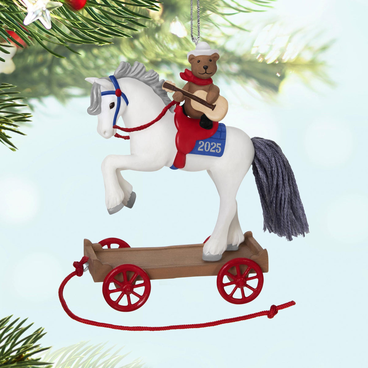 A Pony for Christmas, 28th in the Series — 2025 Hallmark Keepsake Christmas Ornament featuring a teddy bear with a guitar on a white horse.