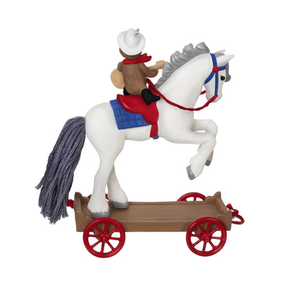 A Pony for Christmas, 28th in the Series — 2025 Hallmark Keepsake Christmas Ornament featuring a cowboy teddy bear on a white horse with a yarn tail.