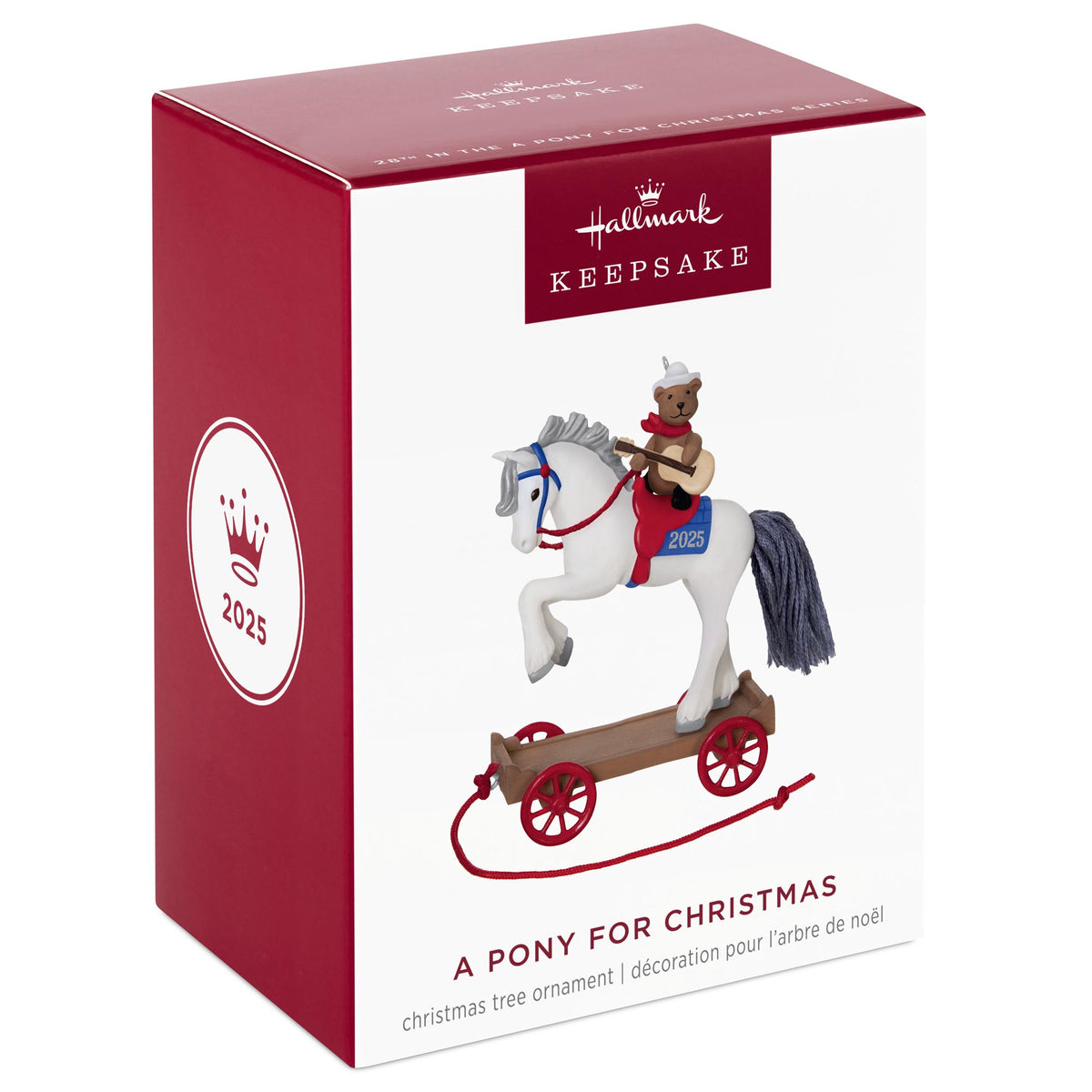 A Pony for Christmas, 28th in the Series — 2025 Hallmark Keepsake Christmas Ornament in gift box with decorative elements.