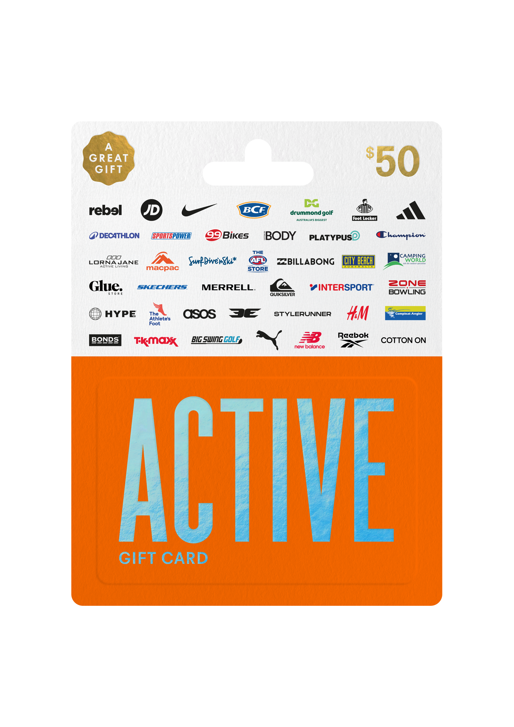 Gift card with brand logos and 'ACTIVE' text on an orange and white background