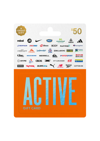 Gift card with brand logos and 'ACTIVE' text on an orange and white background