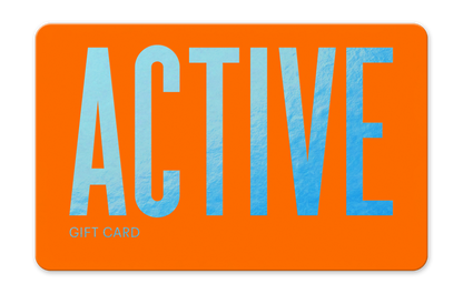 Orange gift card with blue text spelling 'ACTIVE' on a white background