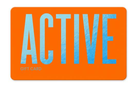 Orange gift card with blue text spelling 'ACTIVE' on a white background