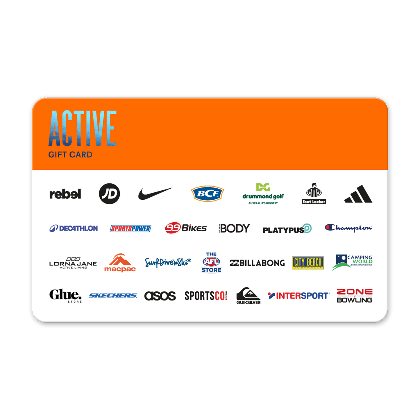 Gift card with various brand logos on a white background