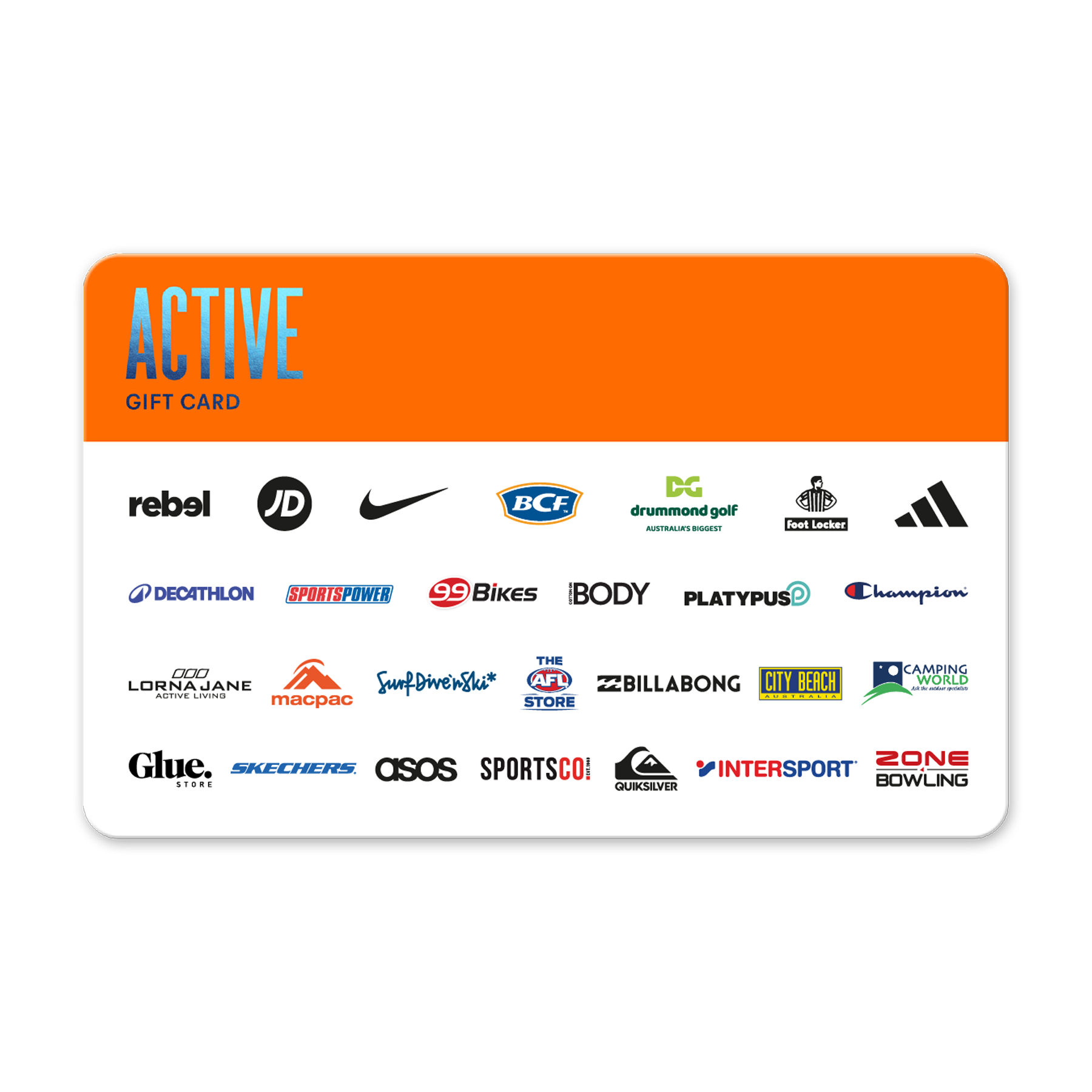 Gift card with various brand logos on a white background