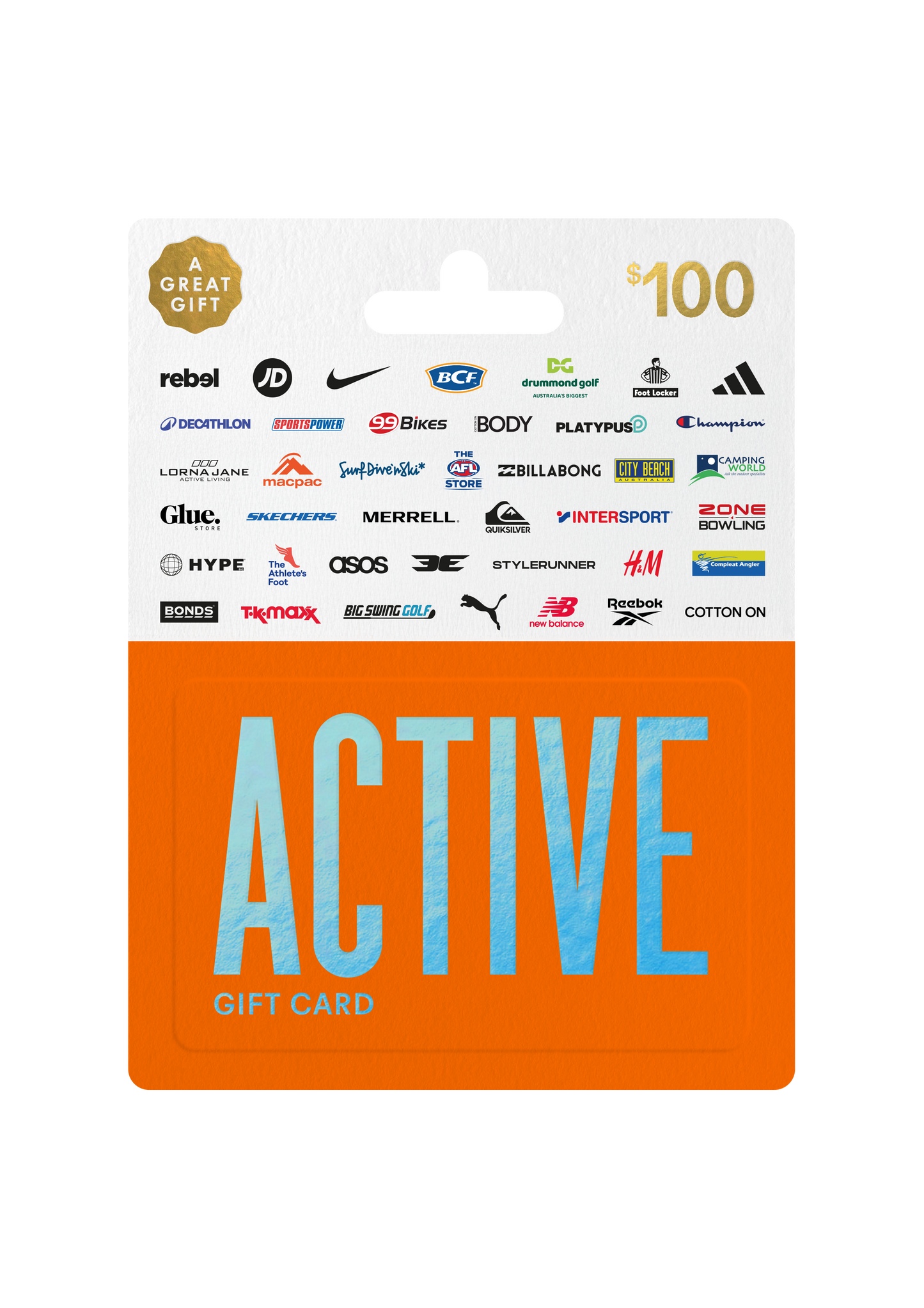Gift card with brand logos and 'ACTIVE' text on an orange and white background