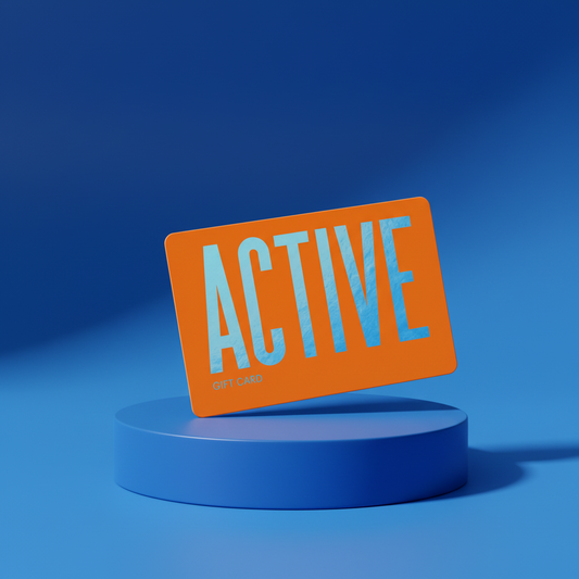 Orange sign with 'ACTIVE' text on a blue platform against a blue background