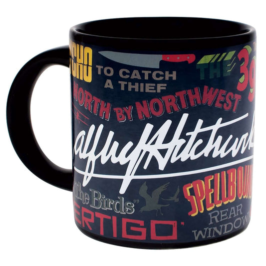 Unemployed Philosophers Guild - Alfred Hitchcock Mug featuring iconic movie titles and silhouette, black ceramic, 12 oz, angled view.