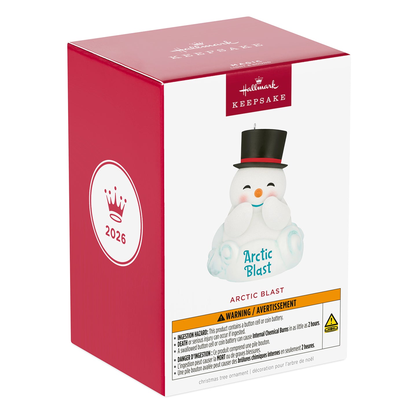 Arctic Blast With Light and Sound — 2026 Hallmark Keepsake Christmas Ornament packaging box showing the cheerful snowman design.