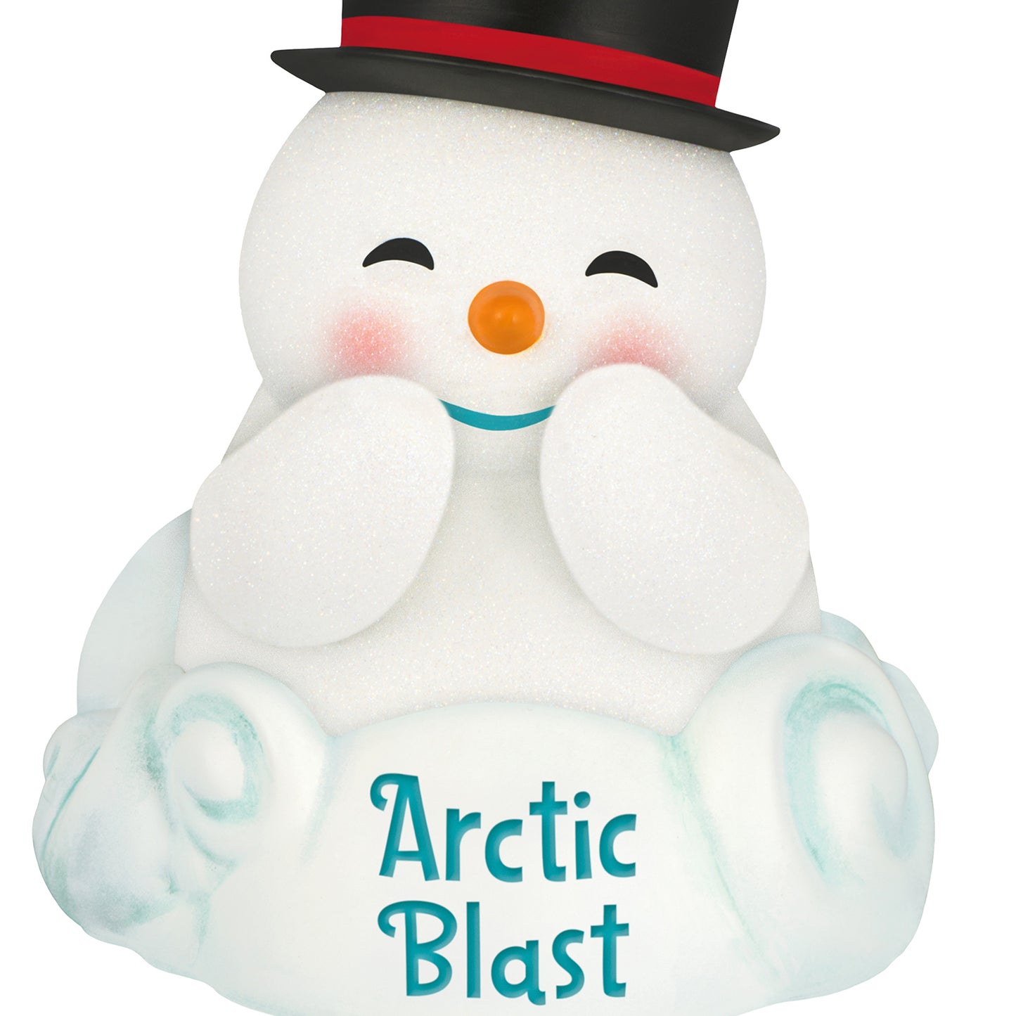 Arctic Blast With Light and Sound — 2026 Hallmark Keepsake Christmas Ornament featuring a smiling snowman on a fluffy base, close up view.