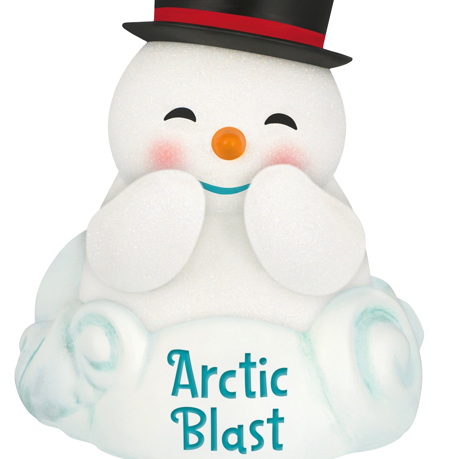 Arctic Blast With Light and Sound — 2026 Hallmark Keepsake Christmas Ornament featuring a smiling snowman on a fluffy base, close up view.