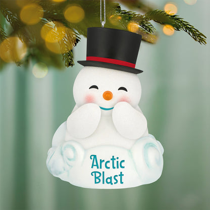 Arctic Blast With Light and Sound — 2026 Hallmark Keepsake Christmas Ornament, cheerful snowman in top hat, close-up view, LED light detail.