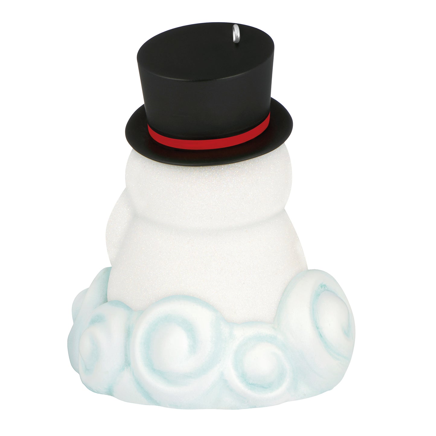 Arctic Blast With Light and Sound — 2026 Hallmark Keepsake Christmas Ornament, snowman design with black top hat and blue snow swirl base, angled view.
