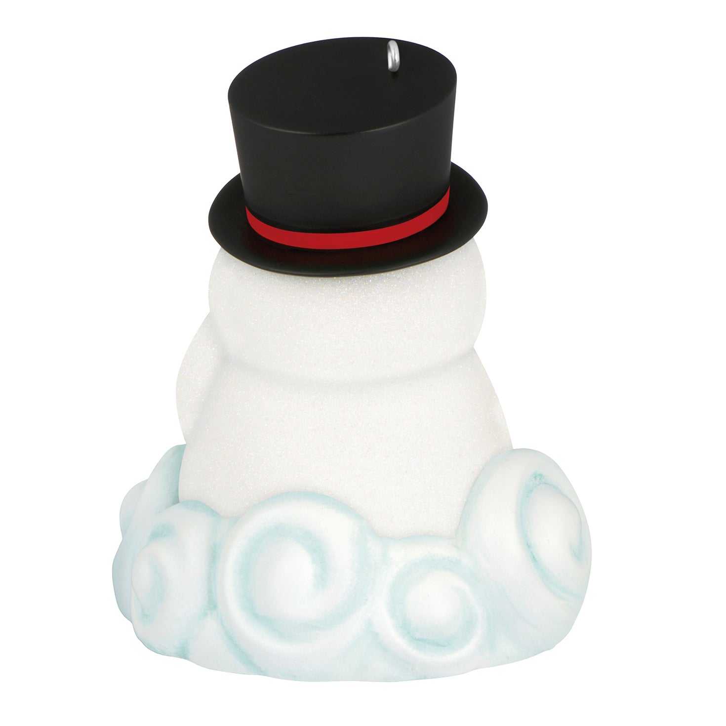 Arctic Blast With Light and Sound — 2026 Hallmark Keepsake Christmas Ornament, snowman design with black top hat and blue snow swirl base, angled view.