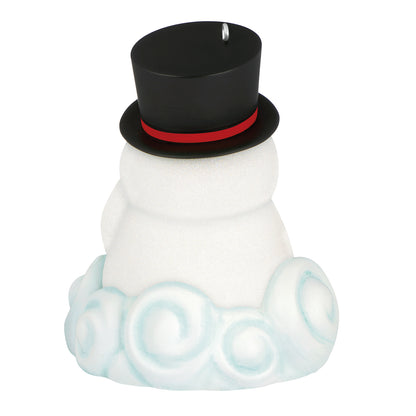 Arctic Blast With Light and Sound — 2026 Hallmark Keepsake Christmas Ornament, snowman design with black top hat and blue snow swirl base, angled view.