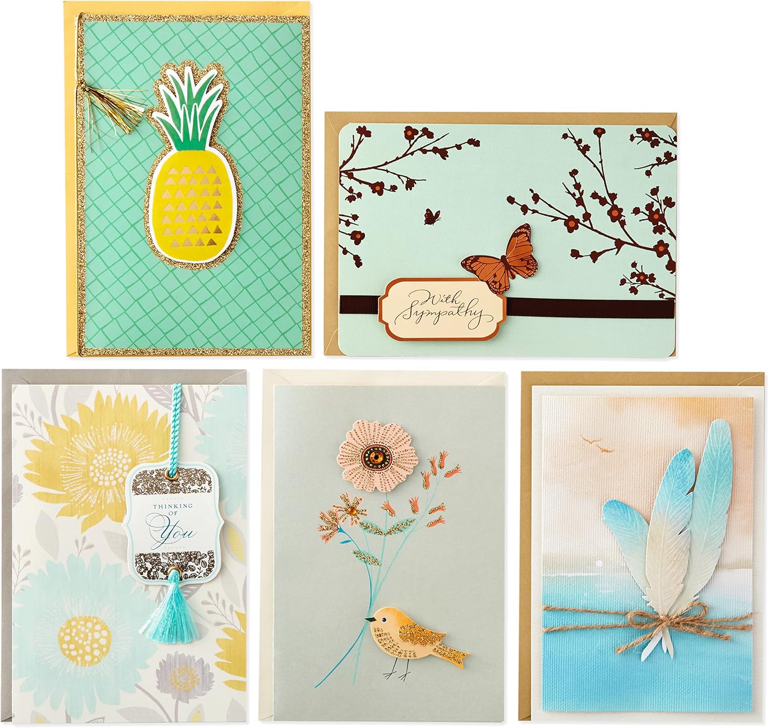 Hallmark All Occasion Handmade Boxed Set of Assorted Greeting Cards with Card Organizer (Pack of 24) showcasing five unique card designs, featuring floral, butterfly, and feather graphics.