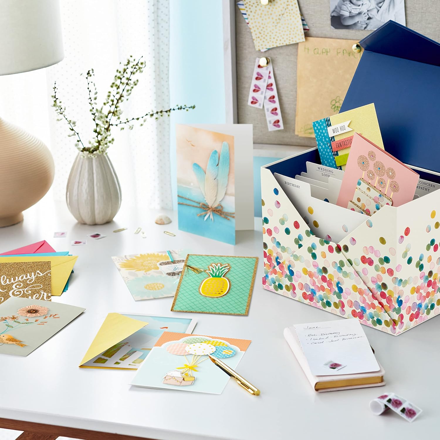 Hallmark All Occasion Handmade Boxed Set of Assorted Greeting Cards with Card Organizer (Pack of 24) showcasing vibrant designs, cards and storage box arranged on a table.