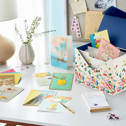 Hallmark All Occasion Handmade Boxed Set of Assorted Greeting Cards with Card Organizer (Pack of 24) showcasing vibrant designs, cards and storage box arranged on a table.