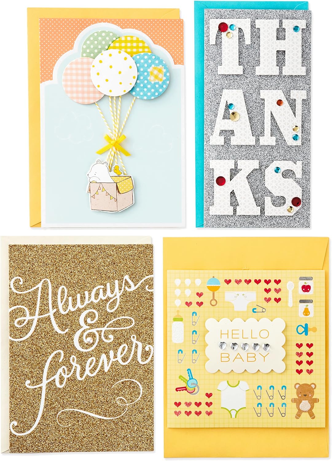 Hallmark All Occasion Handmade Boxed Set of Assorted Greeting Cards with Card Organizer (Pack of 24) Birthday, Baby, Wedding, Sympathy, Thinking of You, Thank You, Blank, Polka Dot Box featuring four distinct cards with decorative designs and bright envelopes.