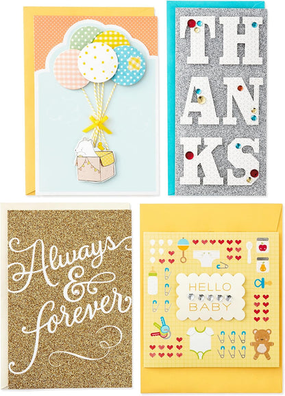Hallmark All Occasion Handmade Boxed Set of Assorted Greeting Cards with Card Organizer (Pack of 24) Birthday, Baby, Wedding, Sympathy, Thinking of You, Thank You, Blank, Polka Dot Box featuring four distinct cards with decorative designs and bright envelopes.