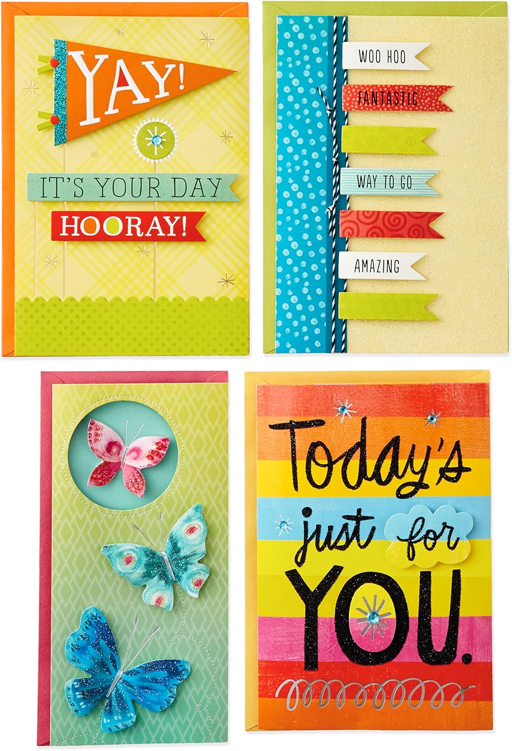 Hallmark All Occasion Handmade Boxed Set of Assorted Greeting Cards with Card Organizer (Pack of 24) Birthday, Baby, Wedding, Sympathy, Thinking of You, Thank You, Blank, Polka Dot Box featuring four vibrant, embellished cards.