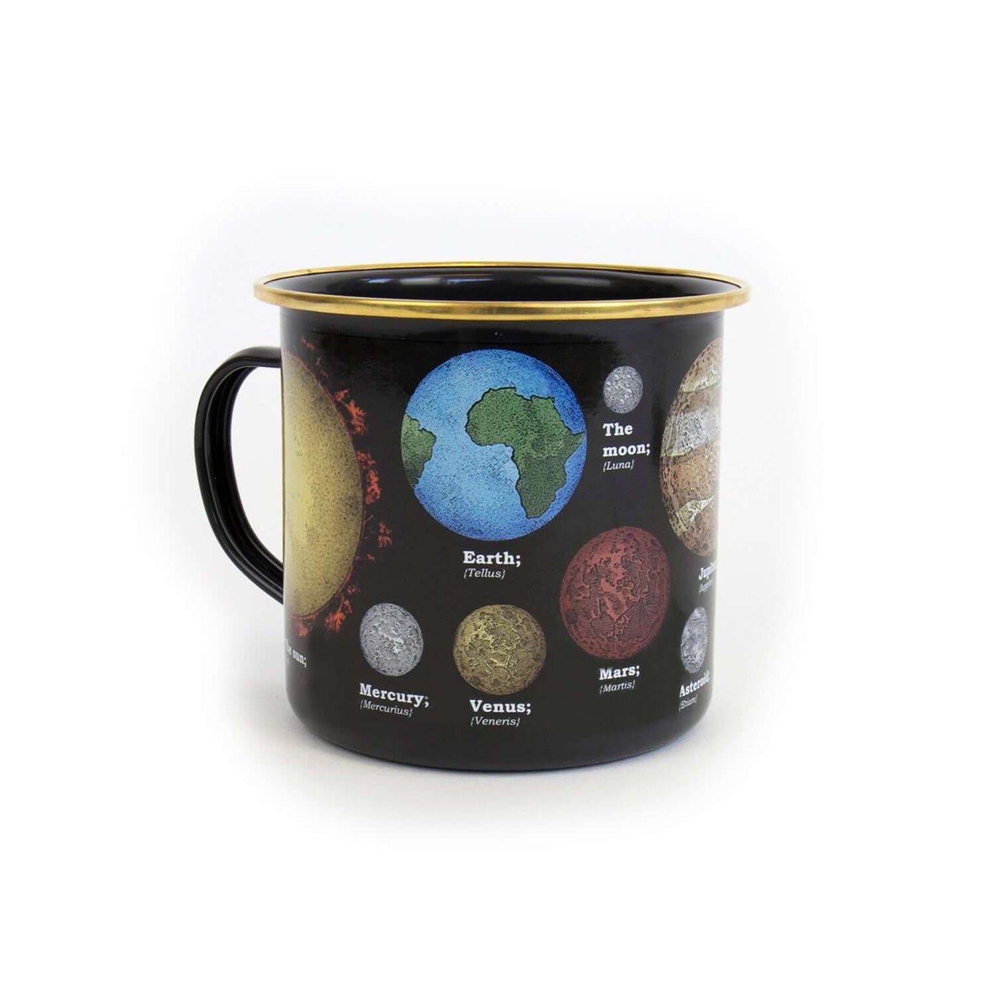 Gift Republic - Astronomia Enamel Mug featuring a detailed solar system design with planets and Earth illustration, angled view.