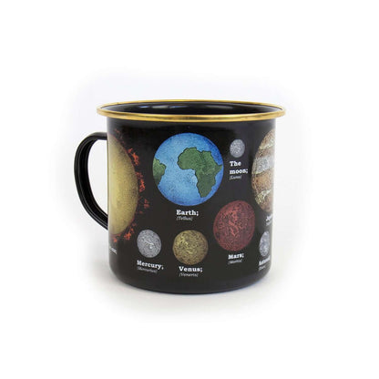 Gift Republic - Astronomia Enamel Mug featuring a detailed solar system design with planets and Earth illustration, angled view.