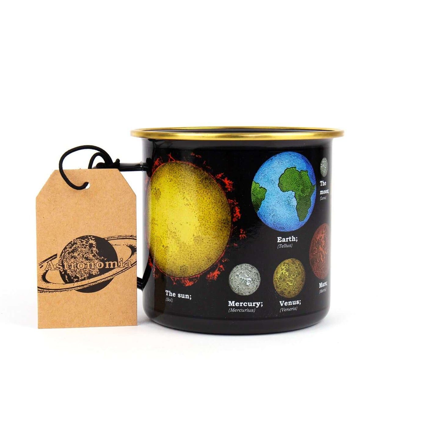 Gift Republic - Astronomia Enamel Mug featuring solar system graphics, gold rim, and a gift tag attached.