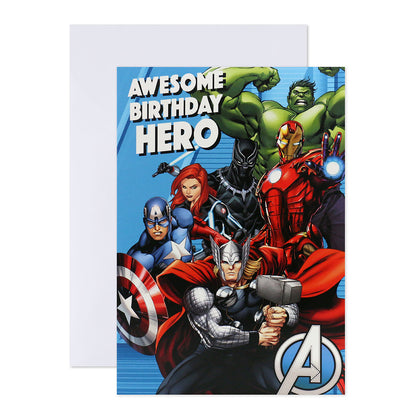 Hallmark Interactive Sound Card - Avengers featuring superheroes on the front with the text 'Awesome birthday hero', flat lay view.