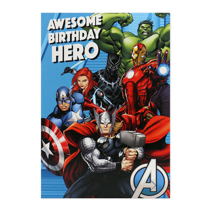 Hallmark Interactive Sound Card - Avengers featuring superhero illustrations and 'Awesome birthday hero' message on blue background.
