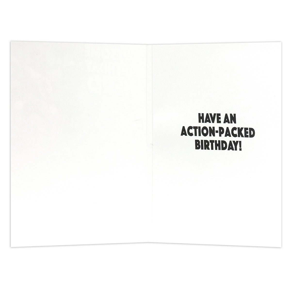 Hallmark Interactive Sound Card - Avengers interior view featuring message 'Have an action-packed birthday!' in black font.