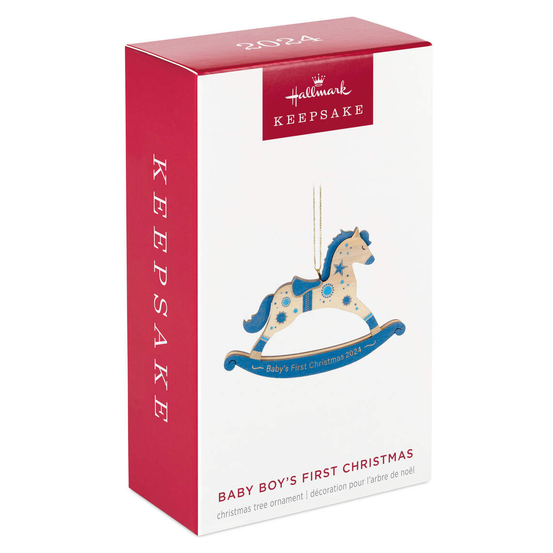 Baby Boy's First Christmas Rocking Horse Wood — Hallmark Keepsake Christmas Ornament in gift packaging with year 2024 and blue accents.