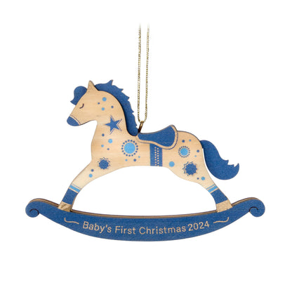 Baby Boy's First Christmas Rocking Horse Wood — Hallmark Keepsake Christmas Ornament, wooden design with blue and gold accents, hanging view.