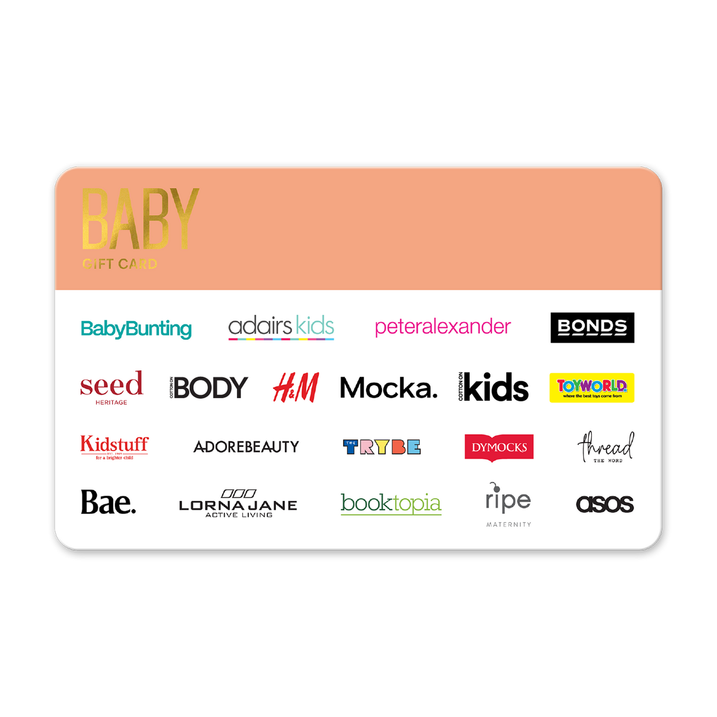 Baby and kids product gift card with multiple brand logos on a white background