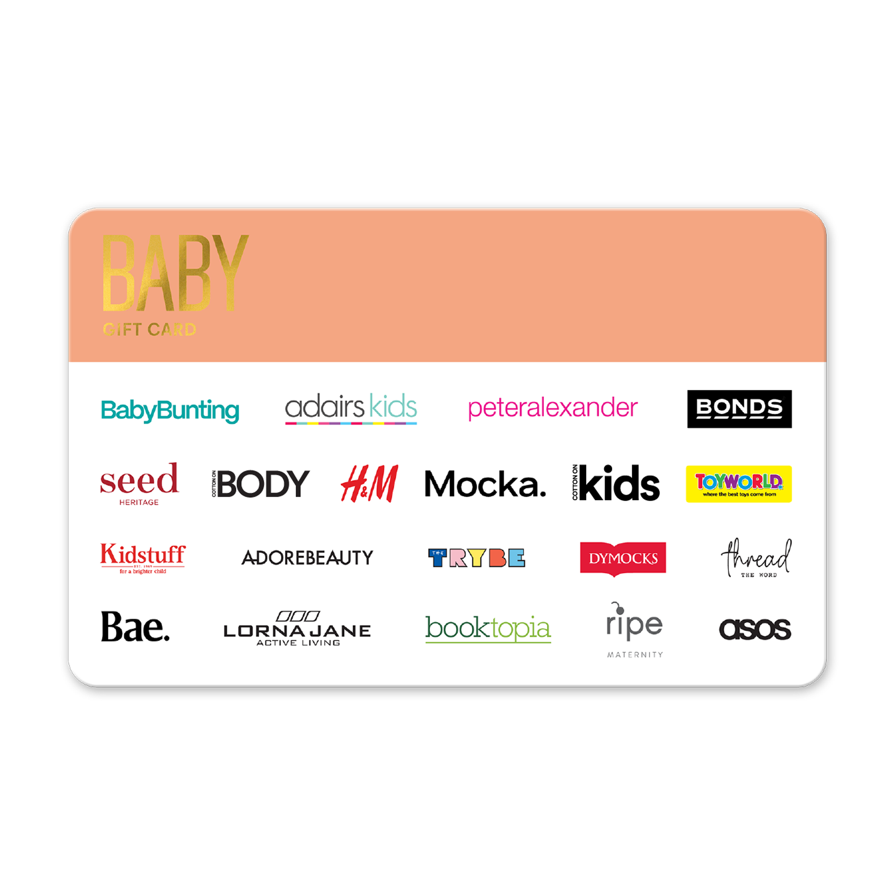 Baby and kids product gift card with multiple brand logos on a white background