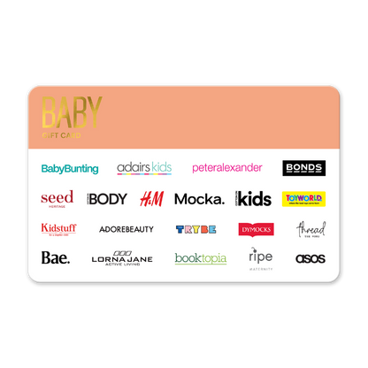 Baby and kids product gift card with multiple brand logos on a white background