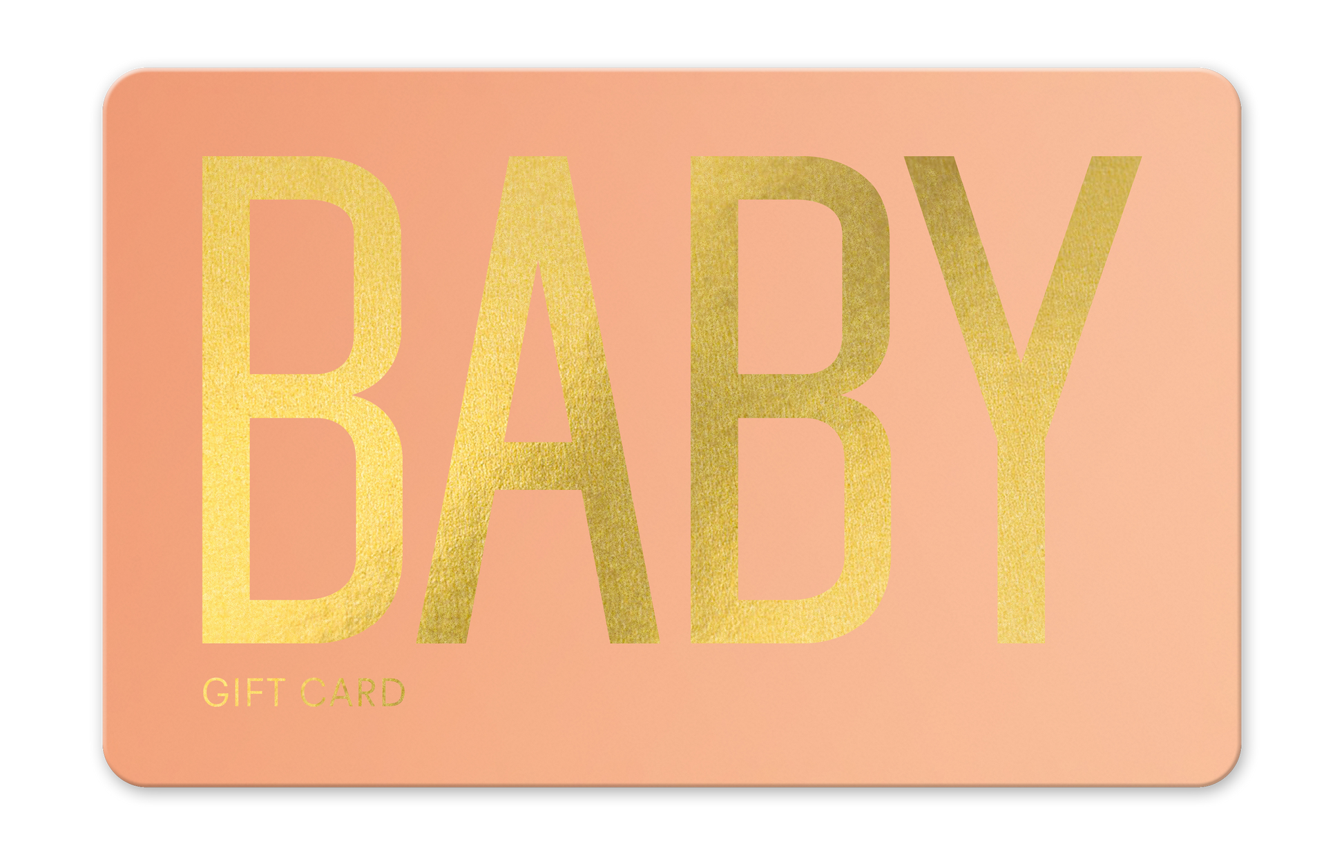 Gift card with 'BABY' in gold letters on a peach background