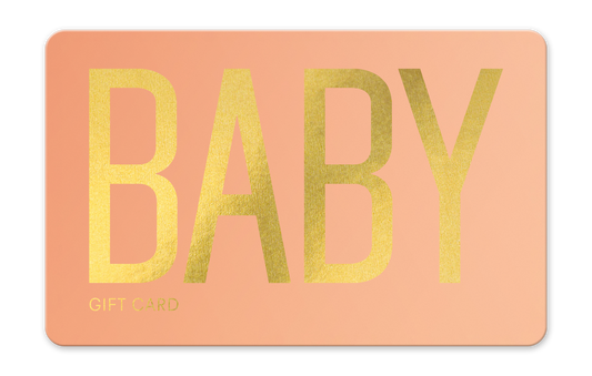 Gift card with 'BABY' in gold letters on a peach background