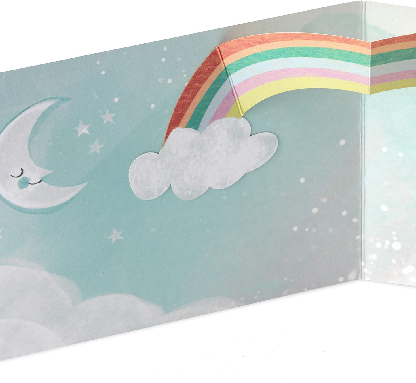Hallmark Paper Wonder Pop Up Baby Shower Card (Sweet Dream Come True) inside view showing rainbow and clouds in soft pastels.
